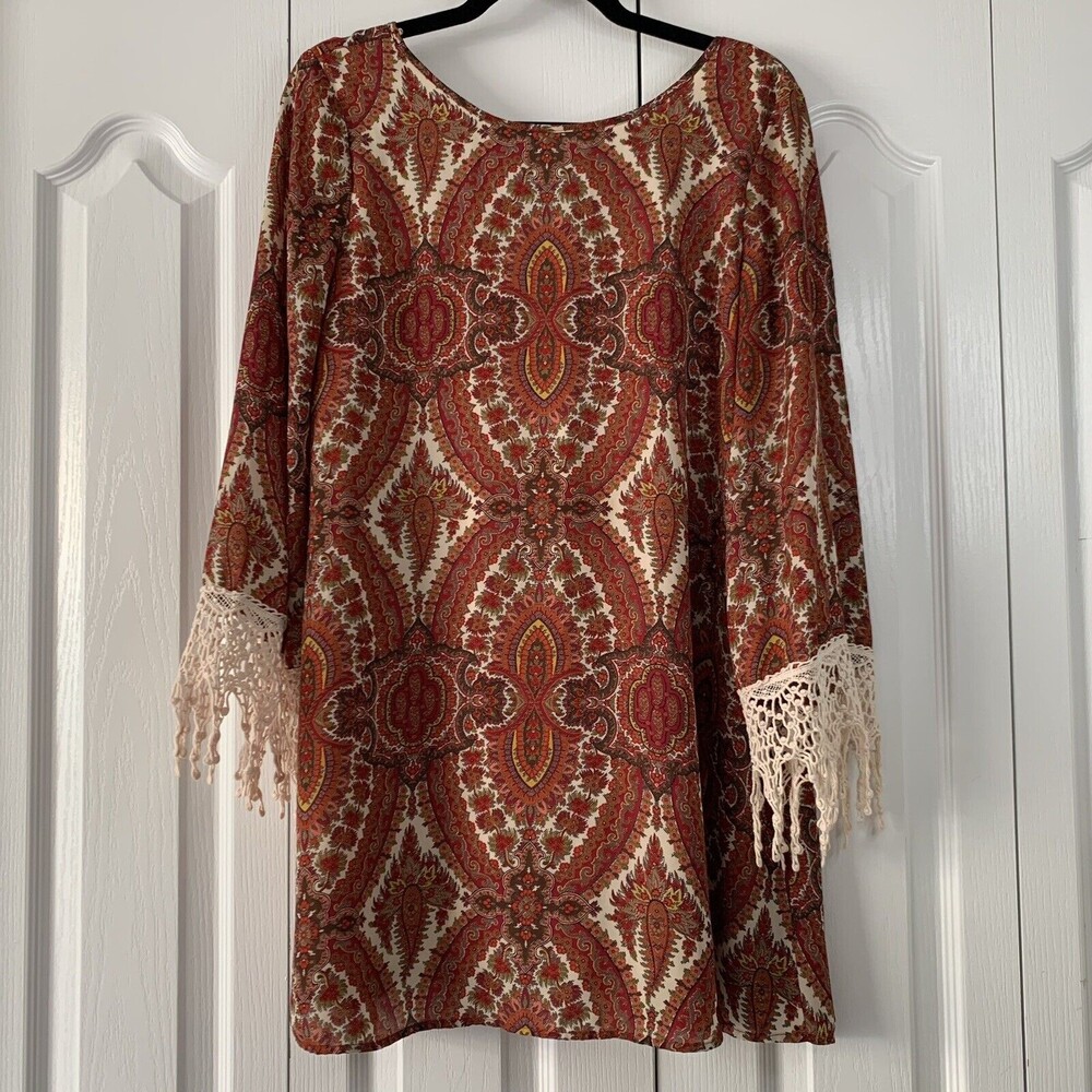 Lovemarks Dress‎ Womens Small Red Paisley Long Sleeve Open Back Boho Crochet